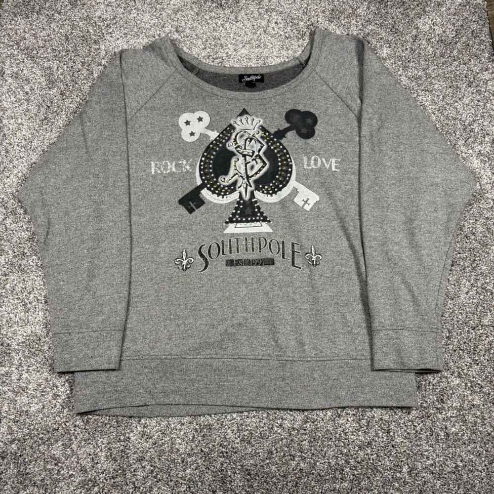 Southpole Graphic Sweatshirt Womens XXL‎ Gray Good Spade Rock Love Studded Y2K